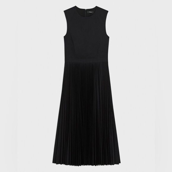 Theory NWT Pleated Midi Dress in Sleek Poplin Black Size 4 MSRP $495 - Picture 2 of 9